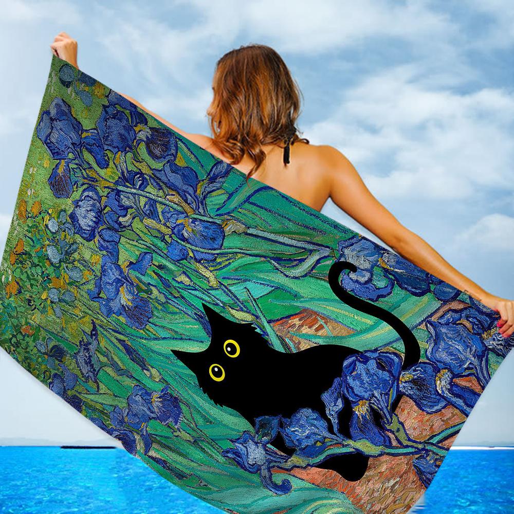Schwarze Katze Kunst Ölgemälde Handtuch Mikrofaser Strandhandtuch Saugfähig Schnell trocknend Weich Yoga Schwimmen Resort Bergsteigen Handtuch