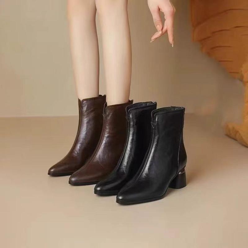 Fashion Block Heel Single Boots Fall New Pointed Toe Spliced Rear Zipper Soft Sole Anti-Slip Wear-Resistant Short Shoe