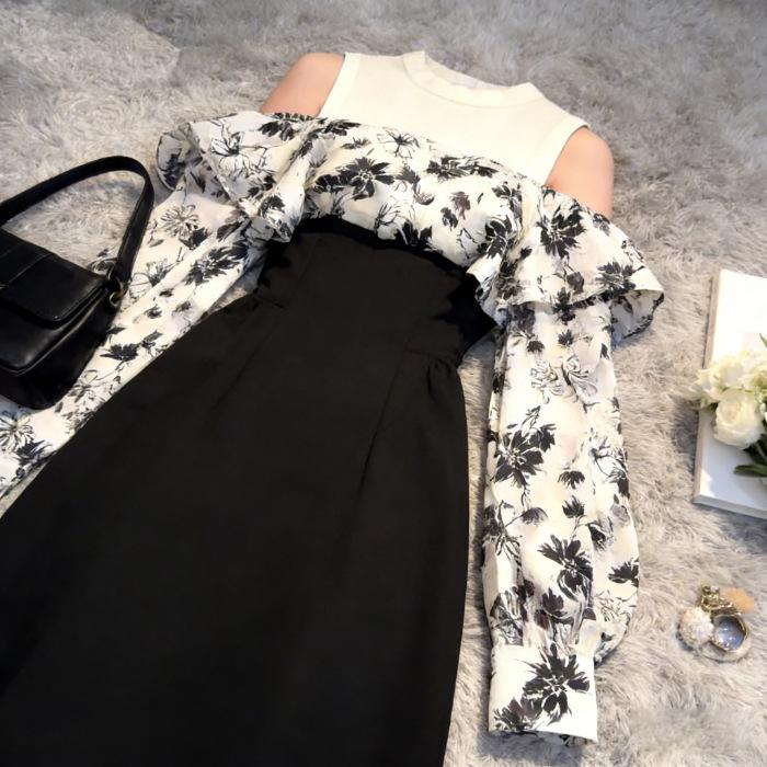 Chic Slimming Off-the-Shoulder Floral Dress - Spring/Autumn Collection for Petite Women S