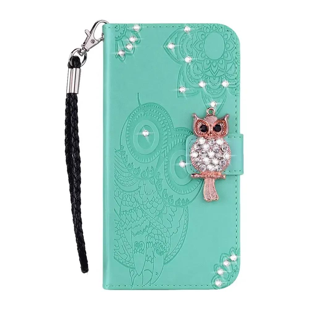 Glitter Leather Wallet Case For iPhone 16 Pro Max 15 14 13 12 11 Pro 3D Owl Flip Bling Cover XS XR X SE2020 Cards Solt Book Bag