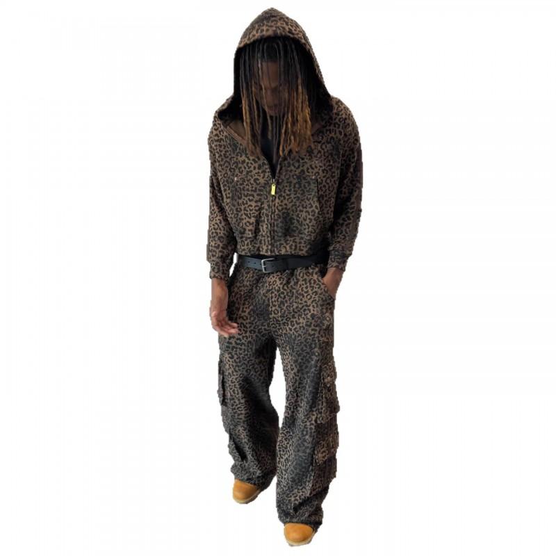 Felpa con cappuccio e zip larga vintage da uomo, stampa leopardata, streetwear casual