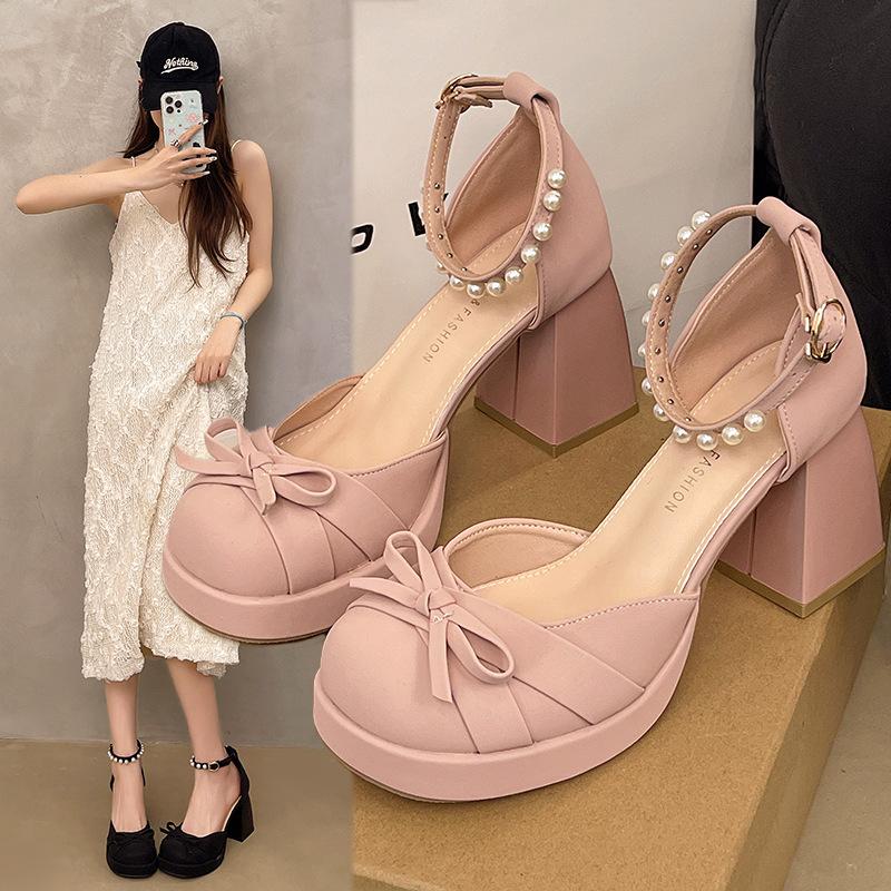 Französische Sandalen mit dickem Absatz und Schleife Damen 2025 Sommer kleiner quadratischer Kopf Schleife Tasche Kopf superhohe Absatzsandalen Damen