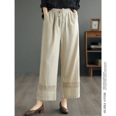 2025 Elegant Cropped Cotton Straight Trousers Women Retro Large Size Loose Lace Panels Slacks Spring Summer Casual Wide-leg Pants