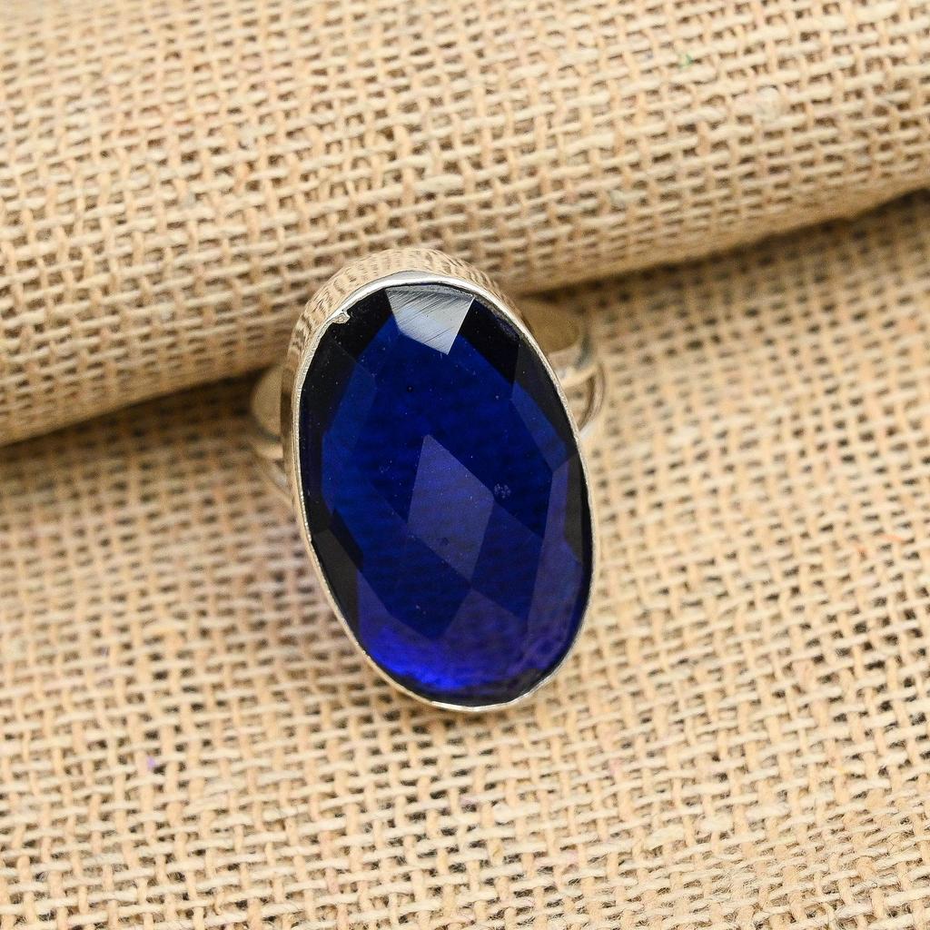 Blue Sapphire Lab-Created Gemstone Handmade 925 Sterling Silver Jewelry Pretty Ring For Her