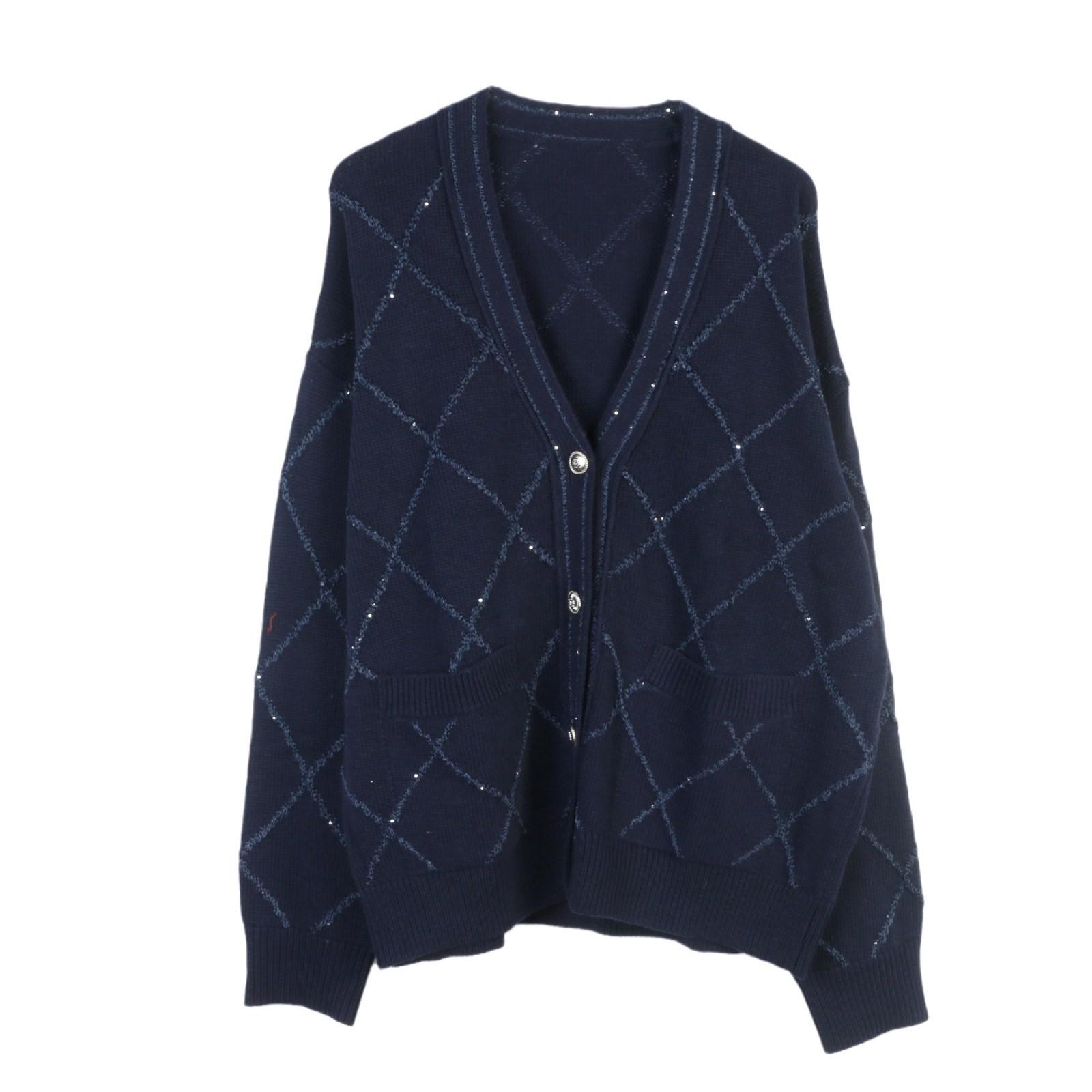 

Мужской элегантный клетчатый трикотажный кардиган с V-образным вырезом - Синий, Свободный, Блестящий, Французский стиль для осенне-зимней женской одежды Medium