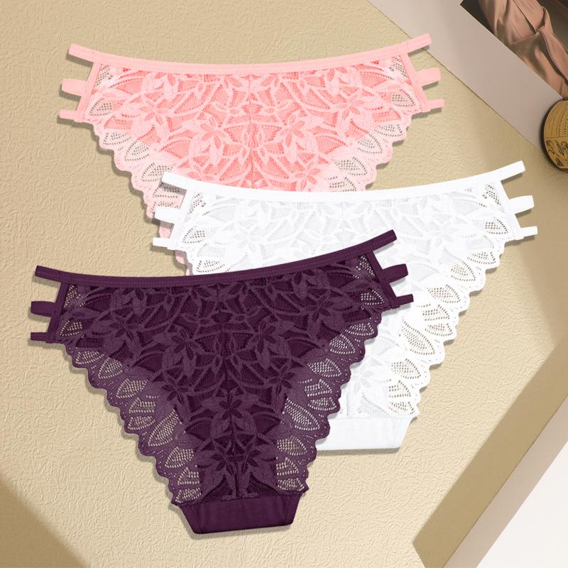 3Pcs Women's Three Belts Underwear Sexy Lace Hollow Out Panties Female Low-Waist Breathable Briefs Stretch Soft Lingerie