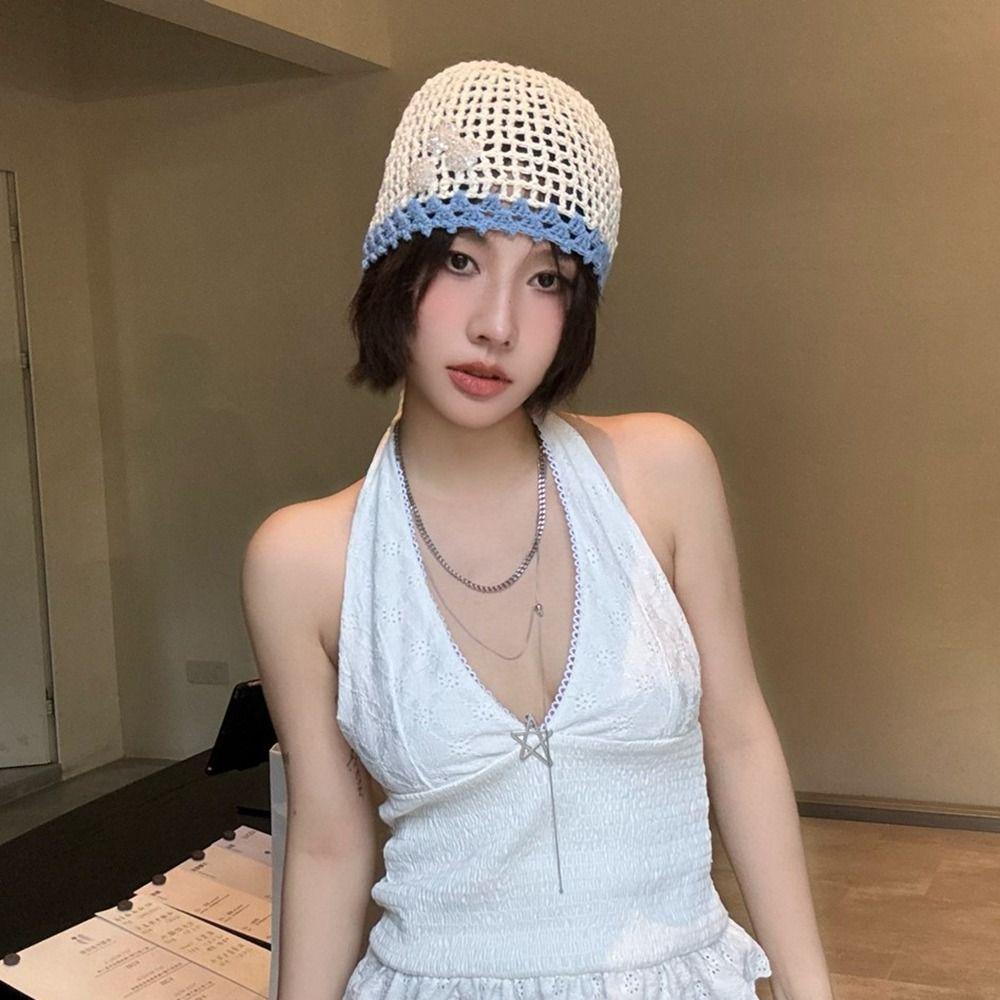 Handmade Crochet Flower Hat Thin Hollow Out Knitted Hat Cute Weave Cap  Girls