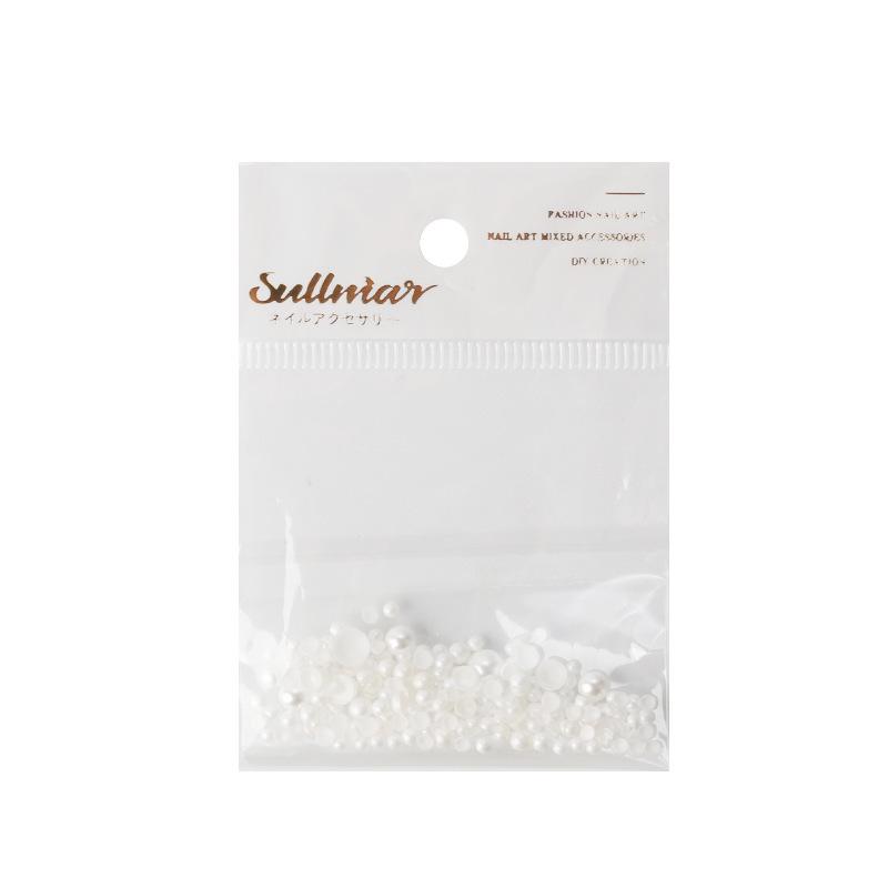 Crystal Glass & Pearl Nail Art Decorations - High Gloss, Flat Back, Off-White Semi-Circular Style