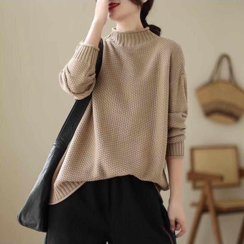Women's Loose Stand Collar Sweater Autumn Winter Vintage Soft Skin-Friendly Solid Color Sweater