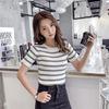 Skinny Knitted T Shirt Women Crop Top Ladies Summer Tee Shirt Contrast Striped Top Round Neck Short Sleeve Crop T-shirt 4 Color