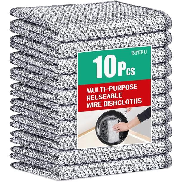10Pcs Multipurpose Wire Dishwashing Rag, Reusable Non-Scratch Wire Dishcloth, Metal Dish Cloth Wet and Dry for Kitchen Cleaning, Sinks, Dishes, Stove