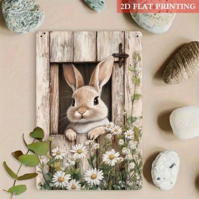 Funny Rabbit In Window Metal Tin Sign Wall Decor 20x30cm