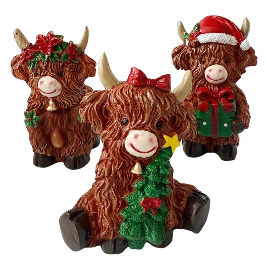 Christmas Highland Cattle Statue 3Pcs Cow Figurines Cute Small Resin Statue Christmas Gifts Home Office Desk Decoration