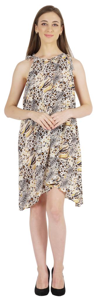 Moomaya Summer Beach Wear Short Dress For Womens Printed Sleeveless Tie-Up Midi