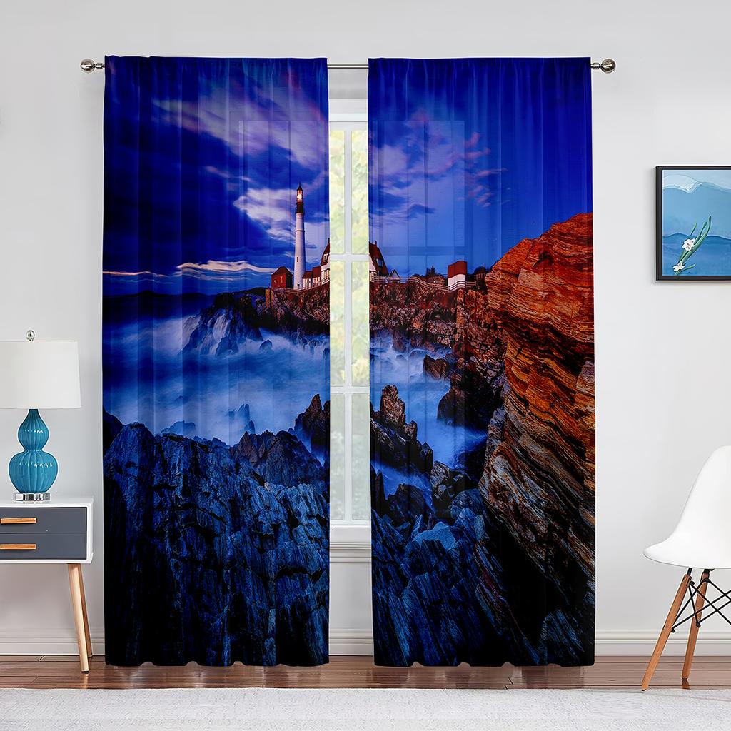 Ozean Leuchtturm Neblige Wolken Mond Nachtansicht Tüllvorhänge für Wohnzimmer Schlafzimmer Fenster Vorhang Küche Transparenter Voile Vorhang