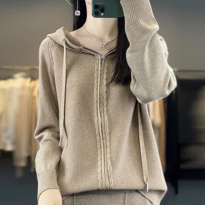 Women's Hooded Cardigan Zipper Knit Jacket Solid Color Sweater Casual Hoodie Autumn and Winter Harajuku Style Warm Knit Jacket