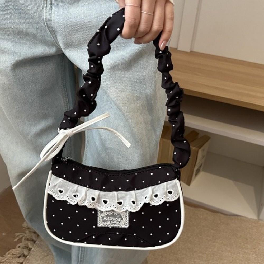 Drawstring Polka Dot Shoulder Bag Stretchable Strap French Stick Handbag Women