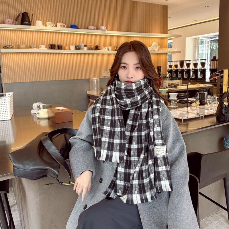 Women's Faux Cashmere Plaid Scarf - Korean Style, Thick & Warm Autumn/Winter Shawl