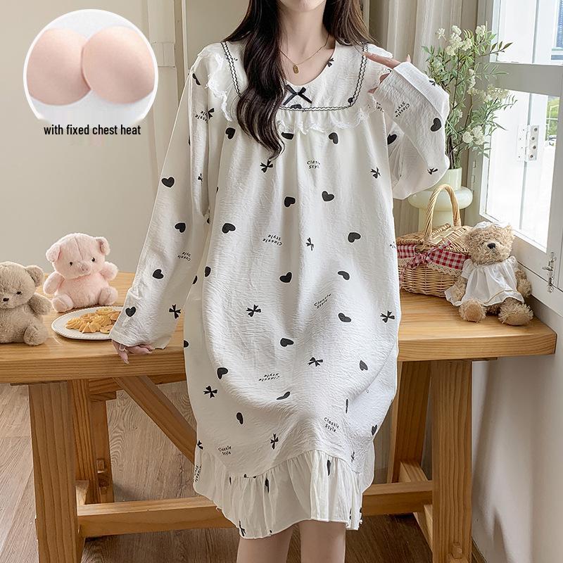 Spring & Autumn Lace Long Sleeve Cotton Nightgown with Fixed Chest Pad