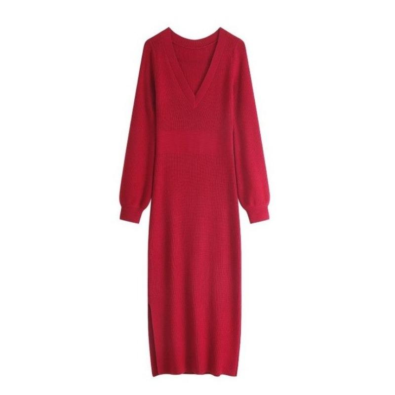 Gentle Red Knitted Dress Autumn and Winter New V-neck Christmas Cross Festive Inner Sweater Skirt