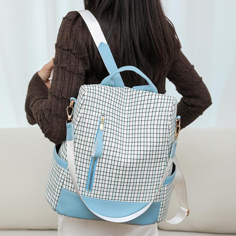 Rucsac antifurt pentru femei Geantă de umăr multifuncțională în carouri Rucsac de călătorie cu trei scopuri