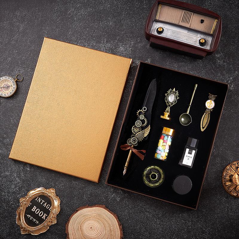 

8pcs Machine Feather Pen Set,Wax Seal Stamp&Stick,Bookmark,Ink,Creative Quill Writing Artist Calligraphy Signature Pen 7001