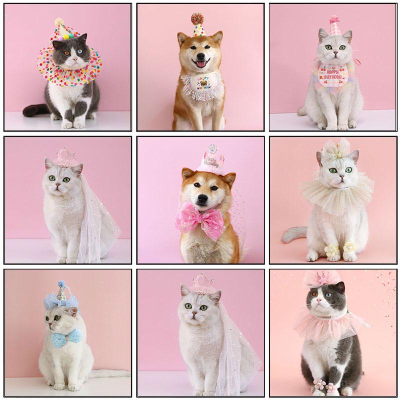 Pet Birthday Hat Bib Party Hat Cat Puppy Lace Saliva Towel Dog Bandana Scarf Dog Birthday Dress Up Photography Props Supplies
