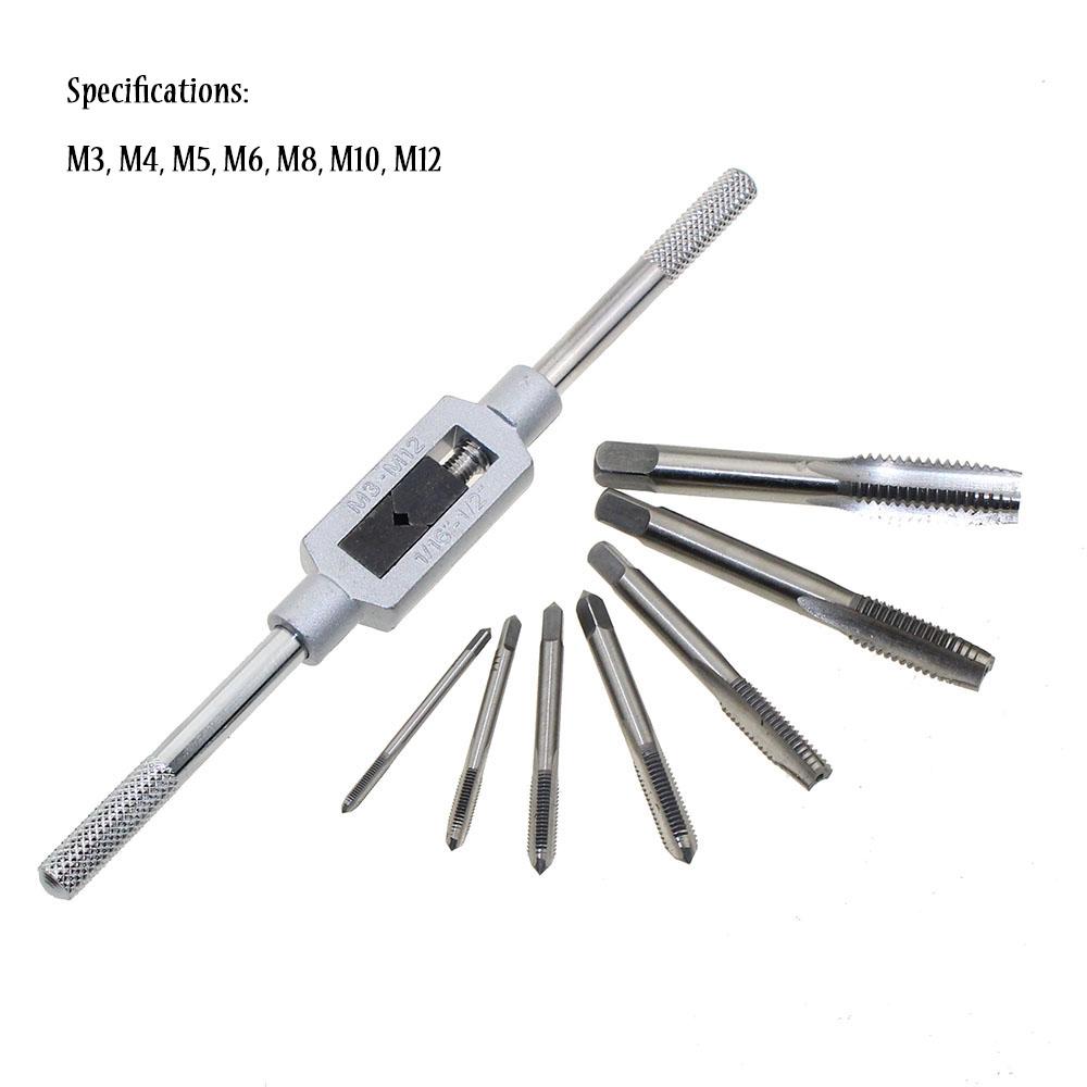 Set of metric plug taps with manual screw thread 3F M3 M4 M5 M6 M8 M10 M12 with adjustable tap wrench 1/16-1/4"
