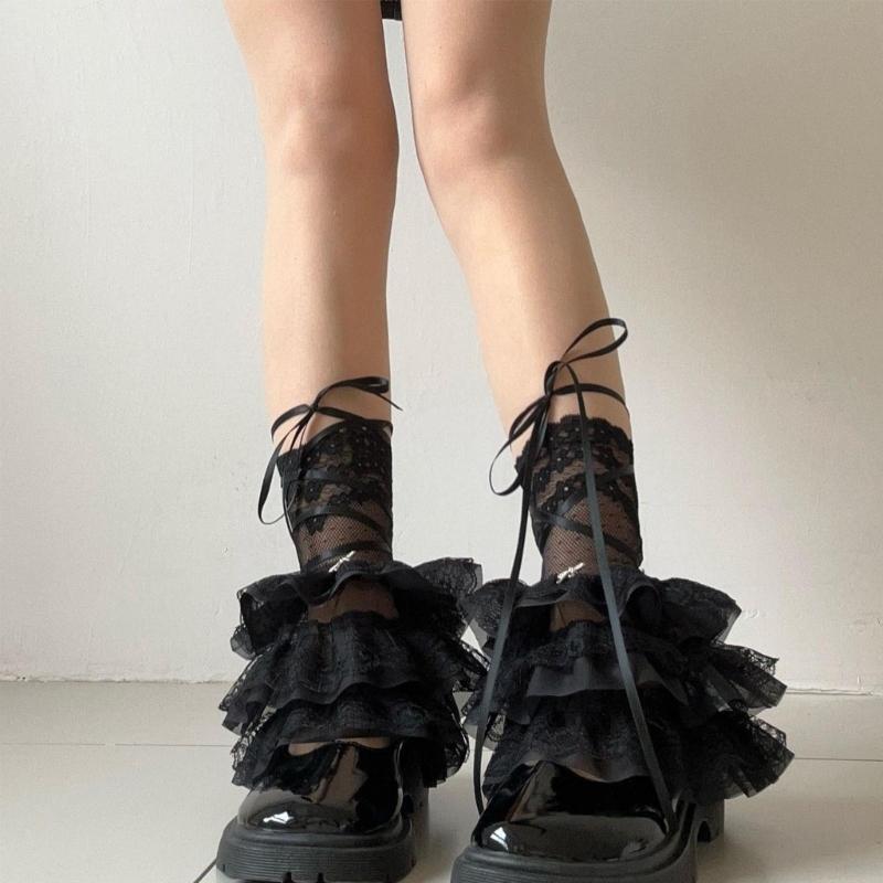 Women Ruffle Lace Leg Warmer Sweet Over the Calf Socks Mesh Flared Leg Socks Princess Leg Sleeves Halloween Costumes