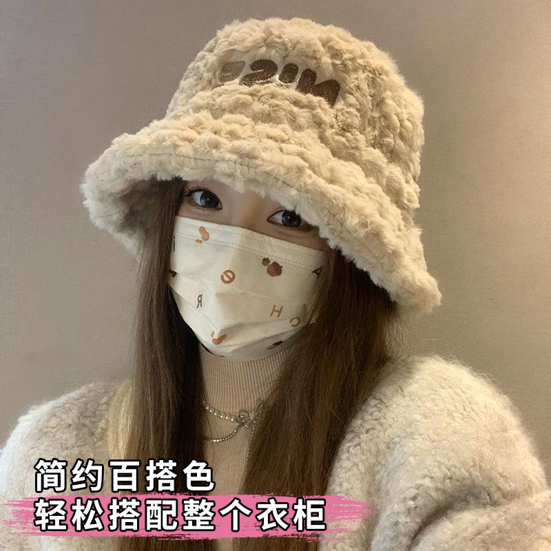 New hat women's autumn and winter plush warm plush bucket hat big head circumference show washbasin hat