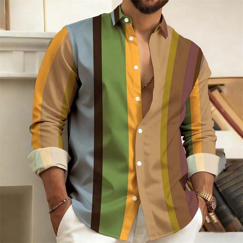 Men's Color-Blocked Striped Long-Sleeve Shirt, Retro Style Business Casual Shirt, Slim Fit Men's Trendy Top