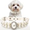 KUDES Small Dog Cat Big Pearl Collars with Crystal Rhinestone Diamond Décor, Adjustable Cute Fashion Pet PU Leather Collars Necklace for Wedding