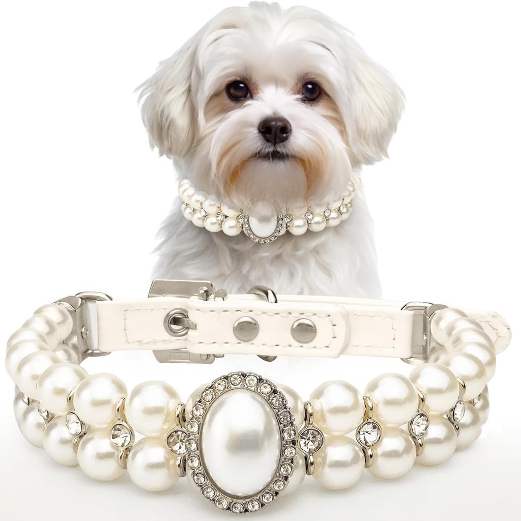 KUDES Small Dog Cat Big Pearl Collars with Crystal Rhinestone Diamond Décor, Adjustable Cute Fashion Pet PU Leather Collars Necklace for Wedding