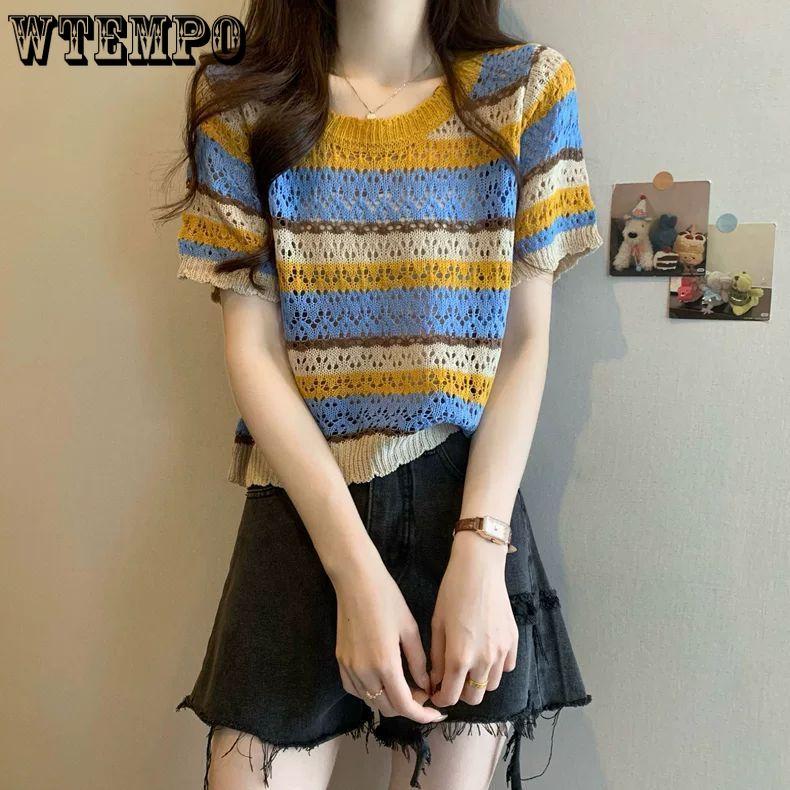 Hollow Out Color Striped Short Sleeved Knitted Sweater for Women French Style Slimming Top