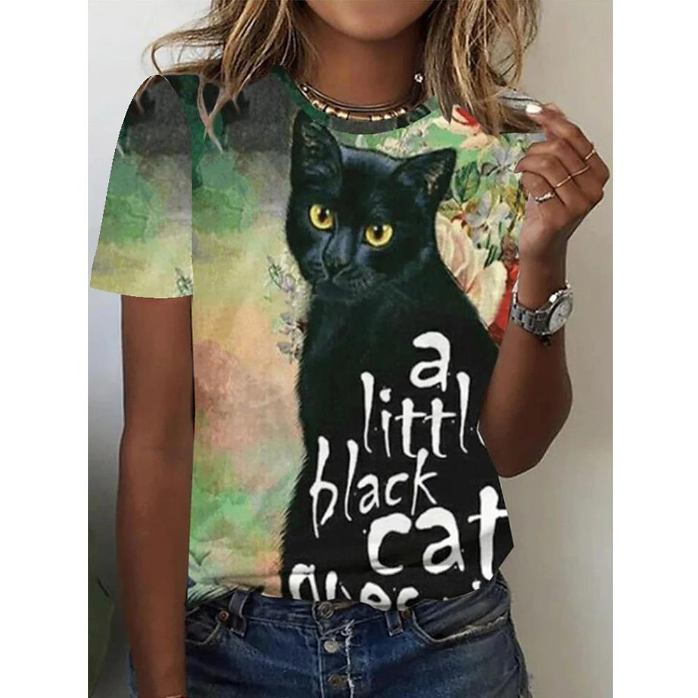 Summer Short Sleeved Women's T-shirt Cartoon Cat 3D Digital Printed Women's T-shirt