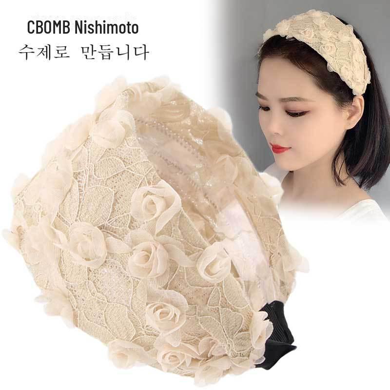 

Жіноча корейська мереживна пов язка для волосся з квітковим малюнком із зубчиками для прикриття білого волосся та миття обличчя. абрикосовий
