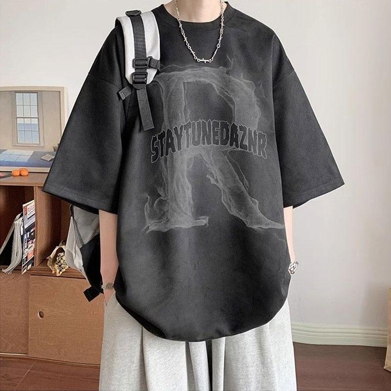 American Retro Letter Pullovers Men's Clothing O-Neck Printed Summer Casual Loose Young Style High Street Short Sleeve T-shirts