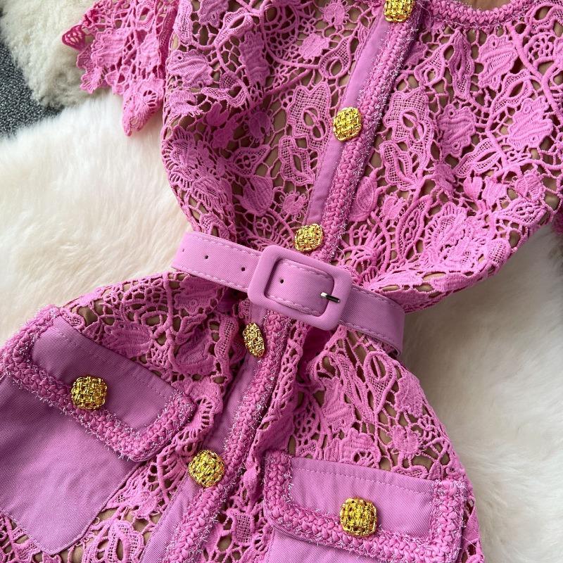 Ladies Temperament Square Neck Metal Button Slim Short Sleeve Lace Long Dresses