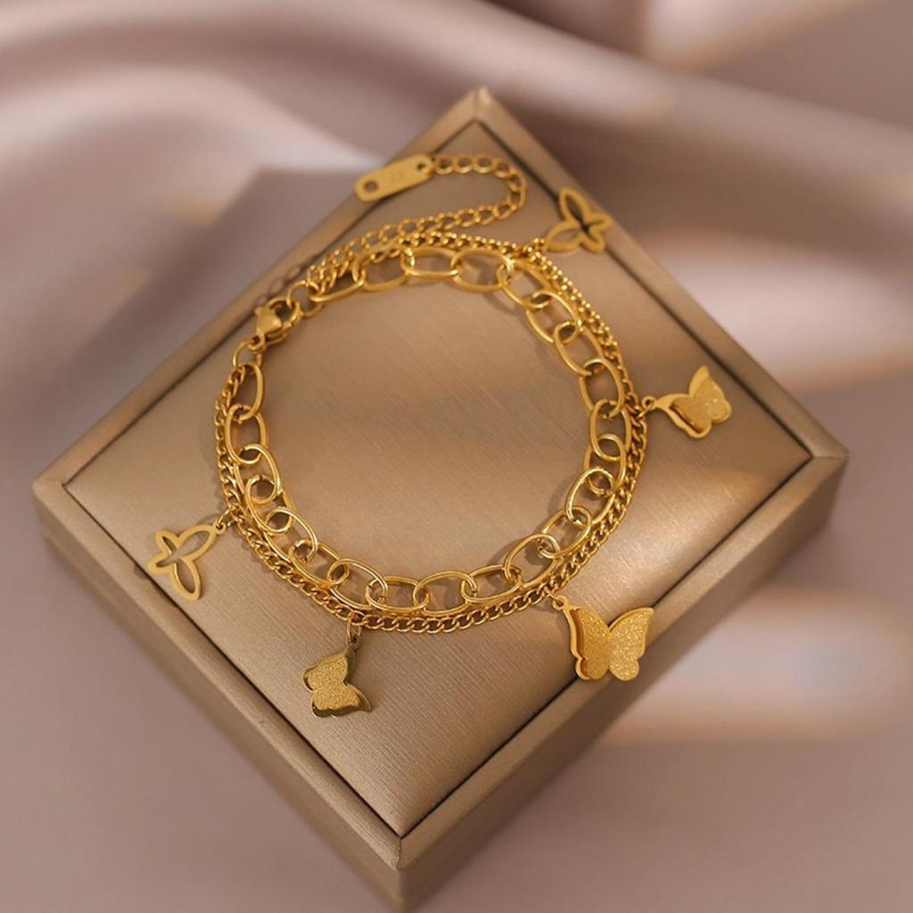 Trendy Titanium Steel Butterfly Double Layer Bracelet for Women - Hip Hop Fashion, Non-Fading, Versatile Jewelry
