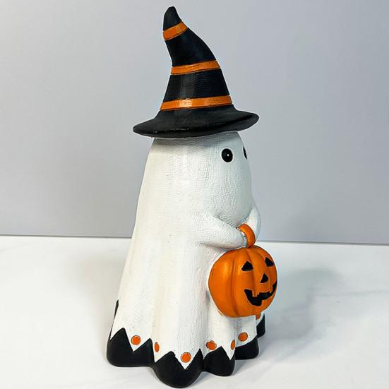 Halloween Ghost Statue Small White Ghost with Pumpkin Figurine Cute Ghost Resin Tabletop Ornament for Indoor Outdoor Halloween Decor