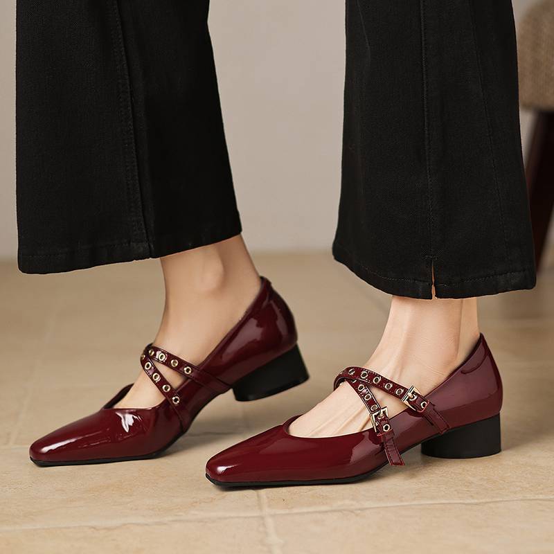 Krazing Pot Genuine Leather Square Toe Low Heels Summer Shoes Big Size 42 Buckle Straps Women Shallow Pumps
