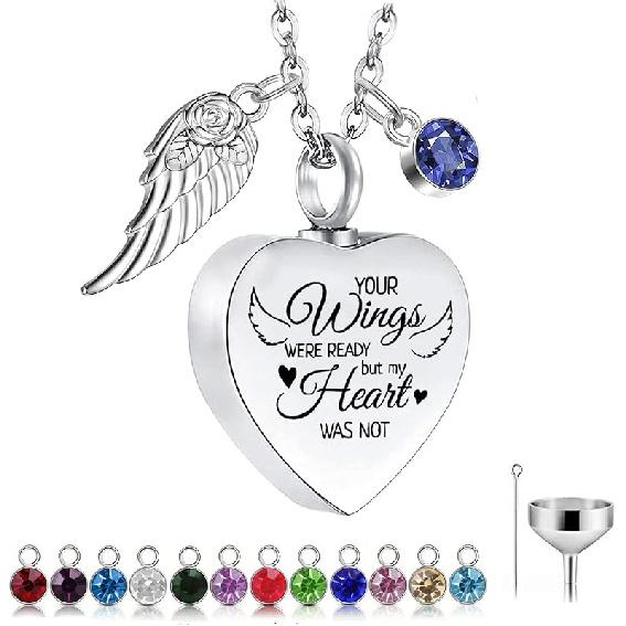 Кулон-сердце с урной для праха для женщин с 12 камнями рождения, Ювелирное изделие-памятка с прахом с крылом ангела - Ваши крылья были готовы, Но серебряный
