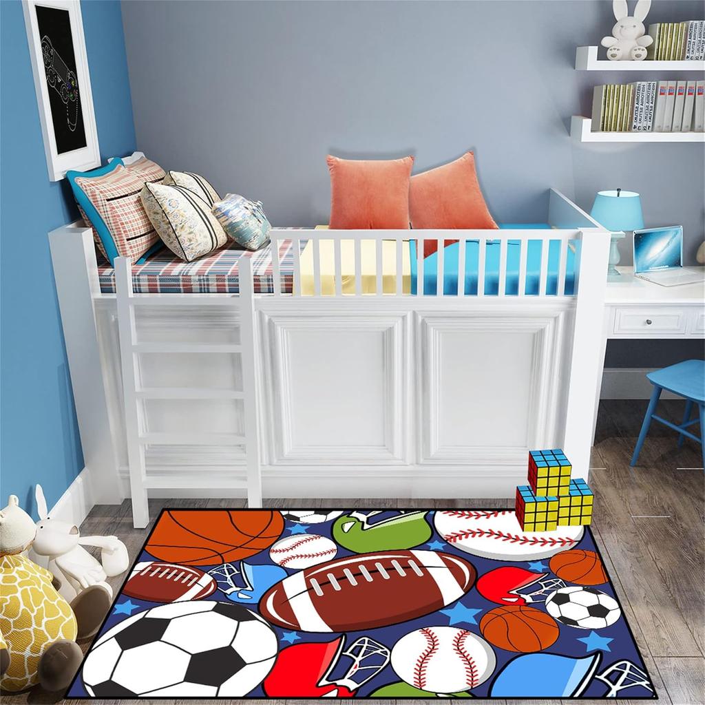 Sports Balls Play Rug for Kids Bedroom, Soccer, Basketball, Football, and Tennis Ball Carpet, Non-Slip Playroom Floor Mat