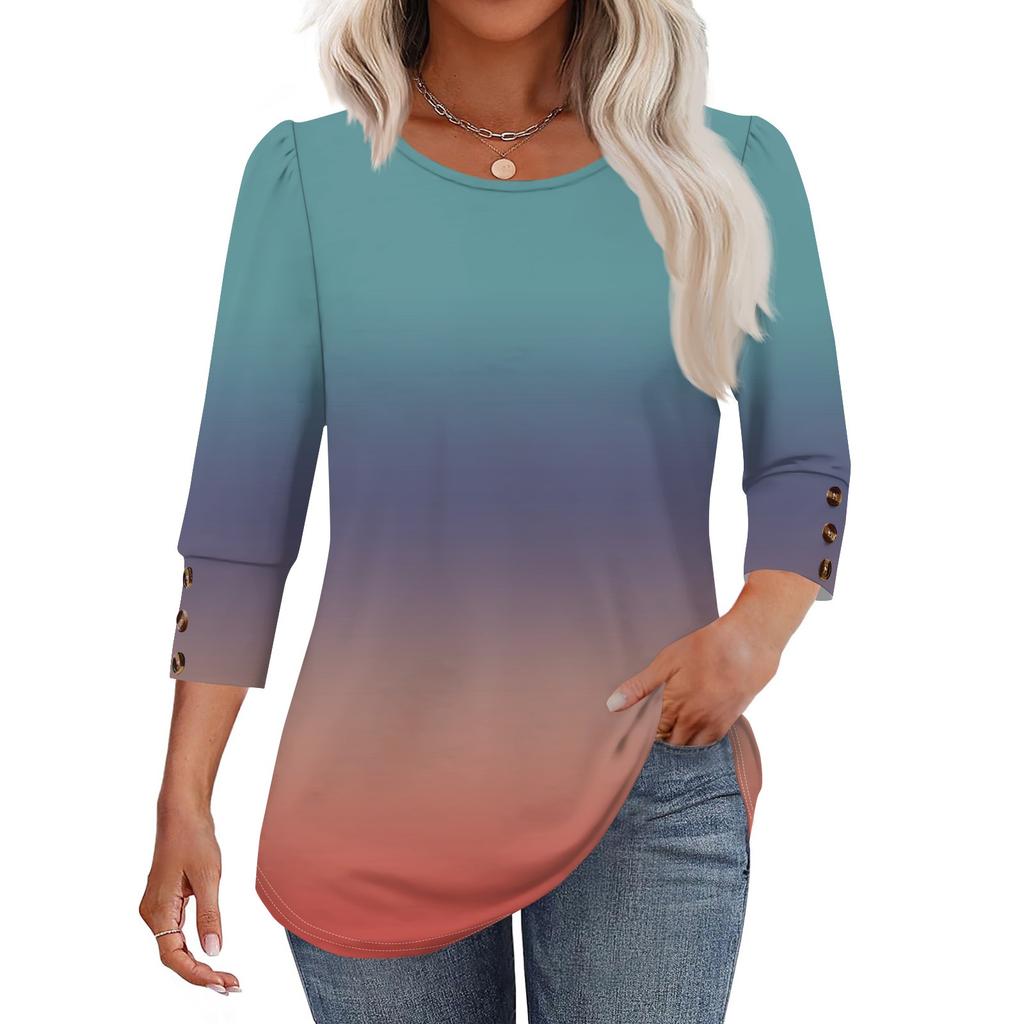 Damenmode Lässig Farbverlauf, Krawatten-Print Rundhals Kurzarm T-Shirt Top