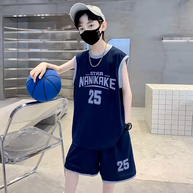 2026 New Children's Summer Fashion Letter Printed Sleeveless T-shirt+Shorts 2-piece Sportswear Youth and Children's Basketball Sports Set
