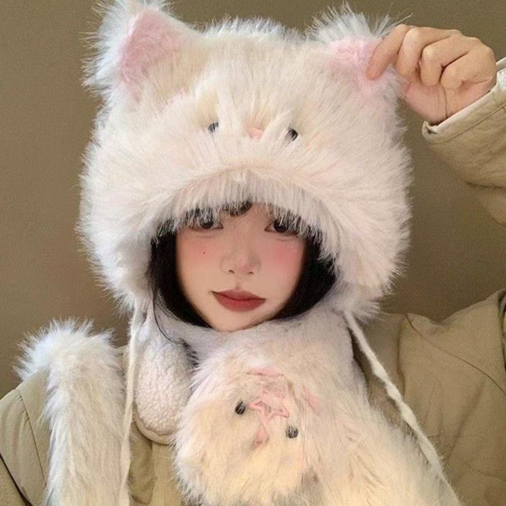 Cute Cat Ear Protection Cap Thickened Warm Winter Warm Cap New Cartoon Hat Scarf  Winter