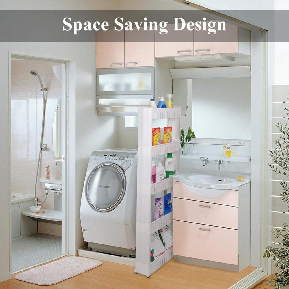 Carrello Portaoggetti A 4 Ripiani Su Ruote - Stretto E Scorrevole 38,8x12,5x85 Cm, Con Ganci, Per Cucina, Bagno, Lavanderia, Ufficio