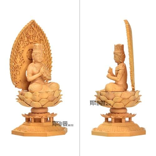 Hanro Art Carving: Dainichi Nyorai Buddha Statue, Shingon Buddhistischer Altar, Holzschnitzerei, Buchsbaum, Fliegende Himmlische Wesen Heiligenschein, Lotussockel, Schutzgottheit