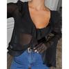 Fashion Style Summer Black Sexy V-neck Chiffon See-through Shirt V-Neck Flared Sleeve Shirt