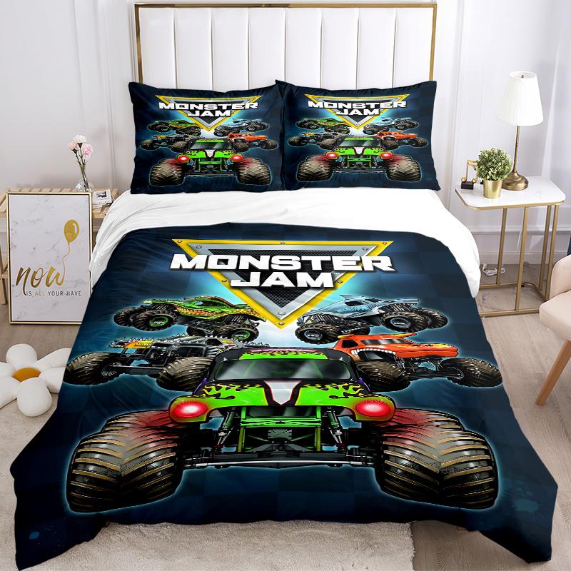 3pcs Monster Jam Monster Truck Home Bedding Set-Universal Three-Piece Suit for Bedroom, Guest Room, Living Room, Hotel-Perfect Holiday Gift